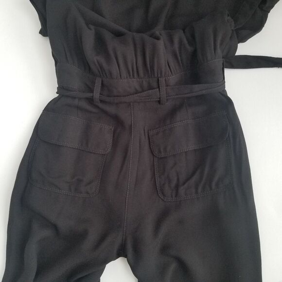 Express Button Front Jumpsuit Womens XS Roll Tab Sleeve Black Viscose Front Tie - Picture 7 of 9
